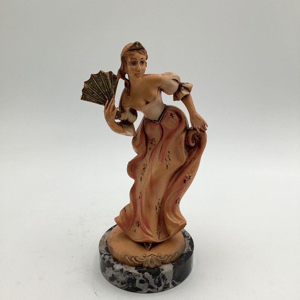 Hand-Painted Vintage Lady Figurine With Fan On Marble Base‎ - 8 Tall